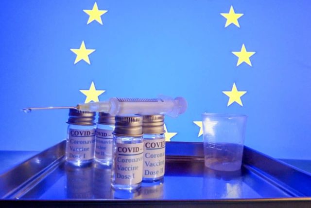 Vaccine against covid 19 and flag of the European Union